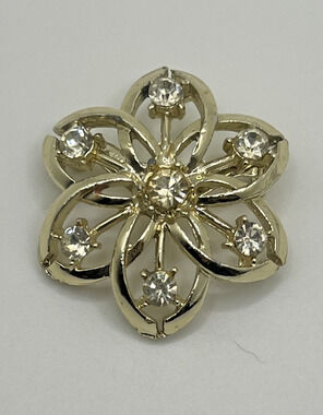 Vintage Light Gold & Rhinestone Open Flower Whimsical Costume Brooch